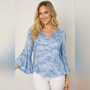 River + Sky Tie Dye Bell Sleeve Top Blue EcoVero Satin Boho Size S